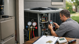 HVAC technician inspecting a modern home air conditioning unit with tools in a well-lit residential setting