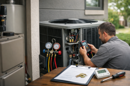 HVAC technician inspecting a modern home air conditioning unit with tools in a well-lit residential setting