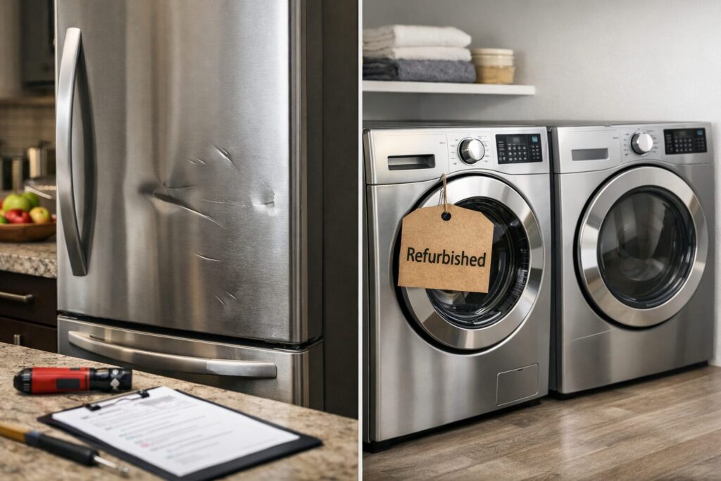 Technician inspecting a scratch and dent refrigerator in a modern kitchen with repair tools nearby