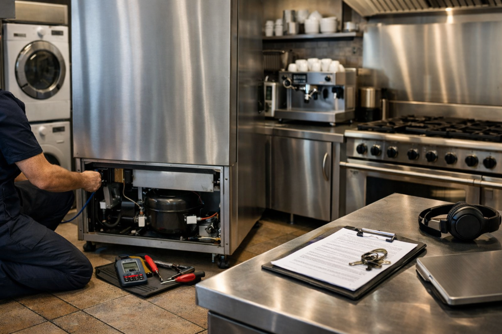 Technician inspecting a modern refrigerator in a well-lit kitchen, focusing on appliance repair and coverage considerations