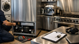 Technician inspecting a modern refrigerator in a well-lit kitchen, focusing on appliance repair and coverage considerations