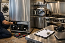 Technician inspecting a modern refrigerator in a well-lit kitchen, focusing on appliance repair and coverage considerations