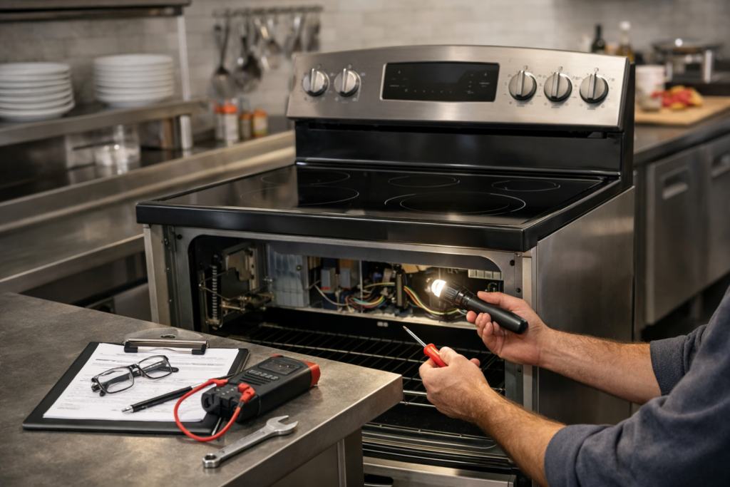 Electric range in a modern kitchen with a technician inspecting the appliance and warranty documents nearby