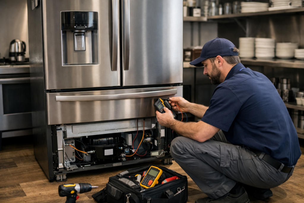 Technician inspecting a French door refrigerator in a modern kitchen discussing warranty coverage options