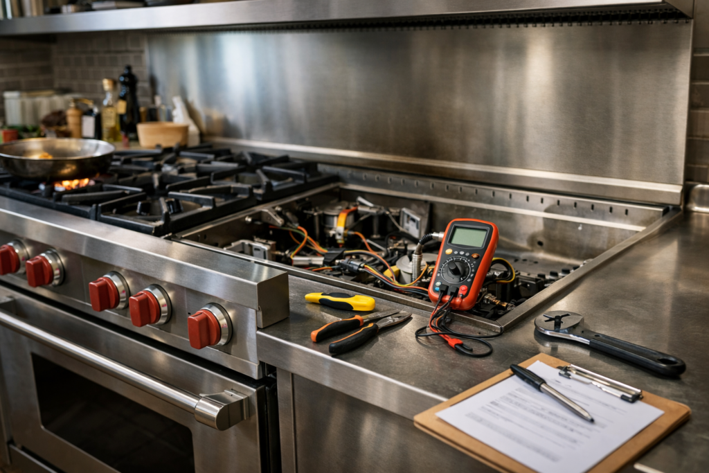 Modern gas range in a clean kitchen with warranty documents and repair tools nearby indicating coverage and service options