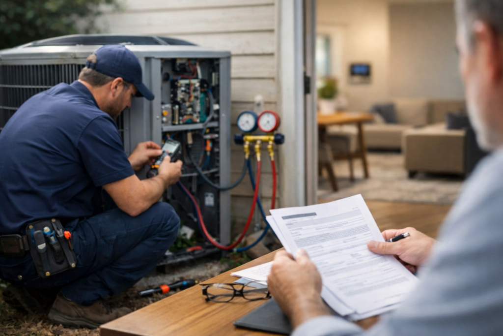 Homeowner reviewing HVAC warranty paperwork while technician inspects air conditioning unit in modern home setting