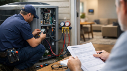 Homeowner reviewing HVAC warranty paperwork while technician inspects air conditioning unit in modern home setting