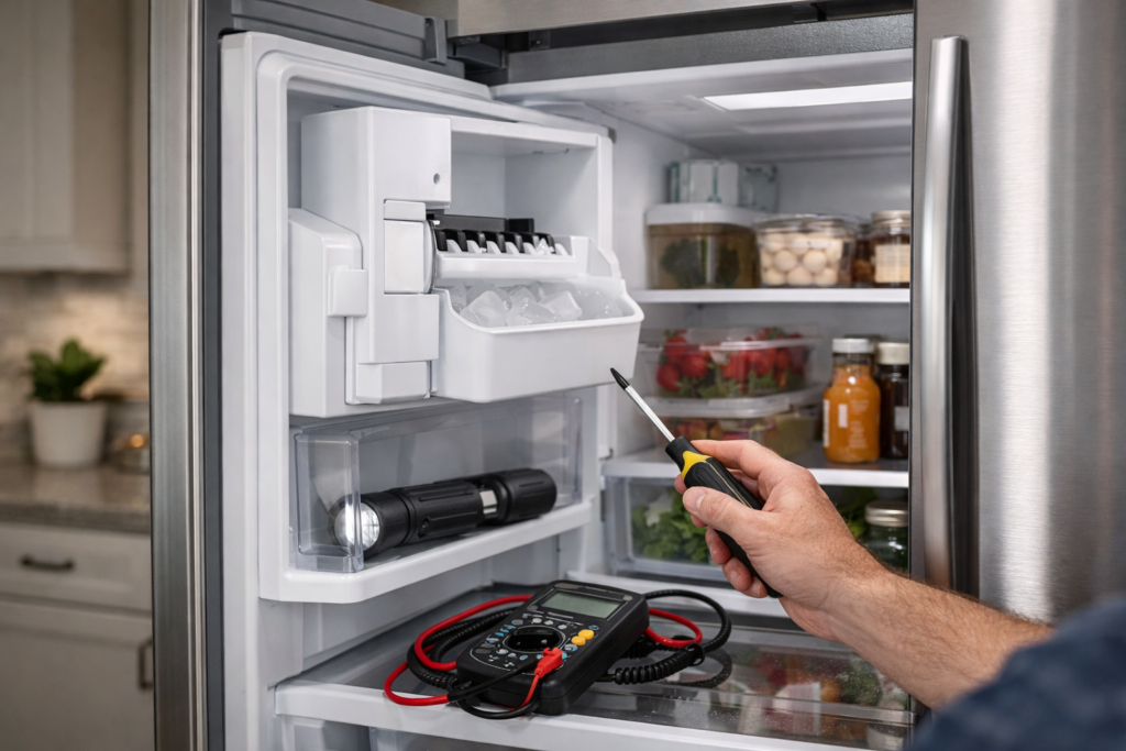 Modern kitchen with a French door refrigerator open showing ice maker compartment and visible food storage inside