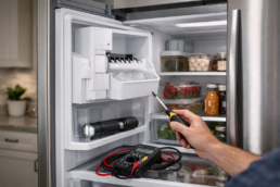 Modern kitchen with a French door refrigerator open showing ice maker compartment and visible food storage inside