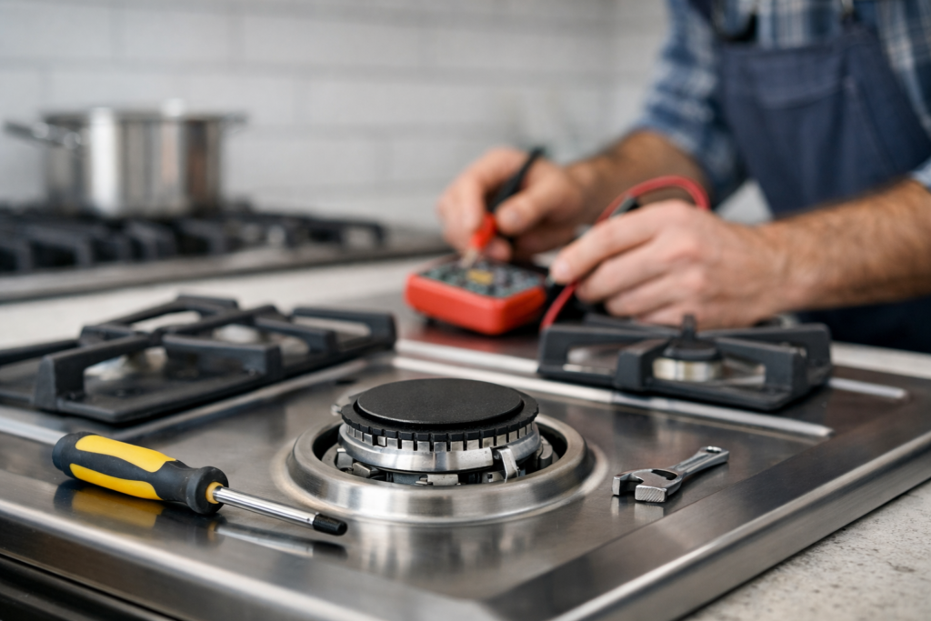 Close-up of a gas range burner with a visible flame and a screwdriver resting nearby on a modern kitchen countertop