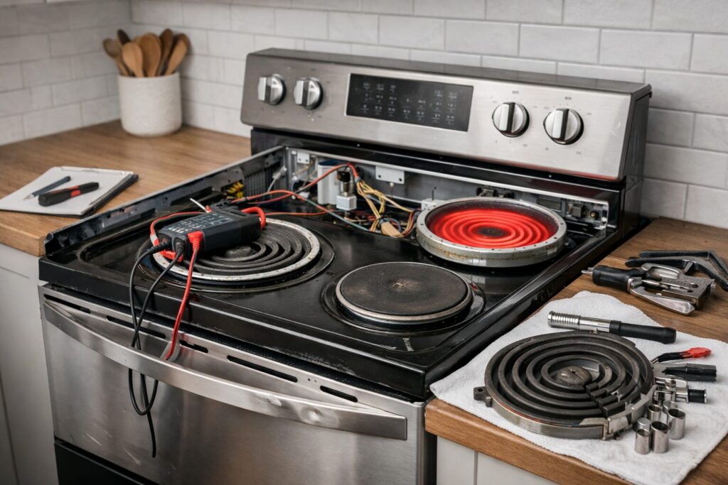 technician inspecting electric range burners in modern kitchen highlighting repair and maintenance concerns