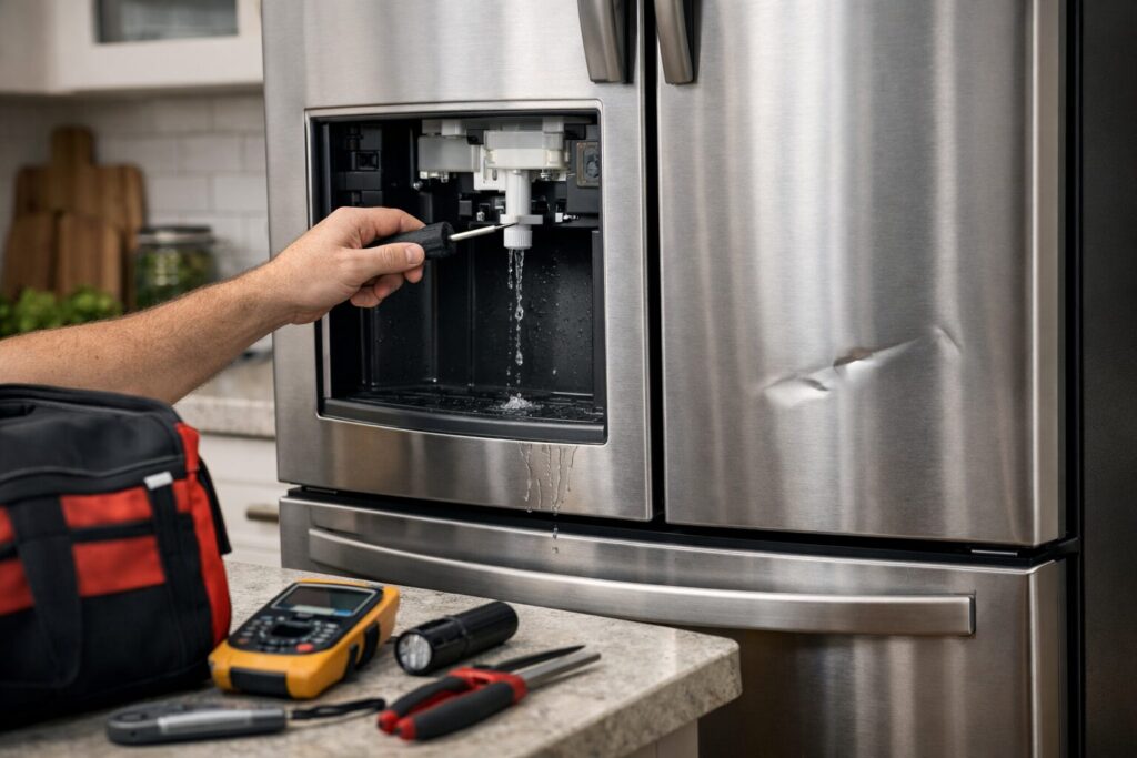 French door refrigerator in modern kitchen with visible water dispenser and technician inspecting appliance panel