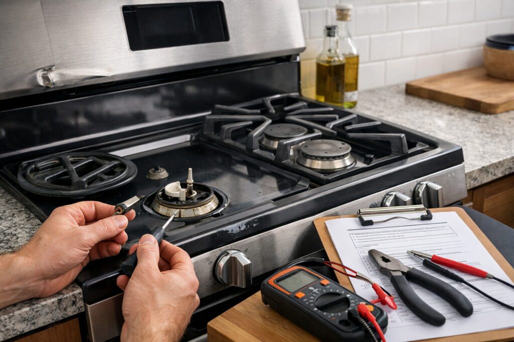 technician inspecting igniter component on a scratch and dent gas range in a modern kitchen setting