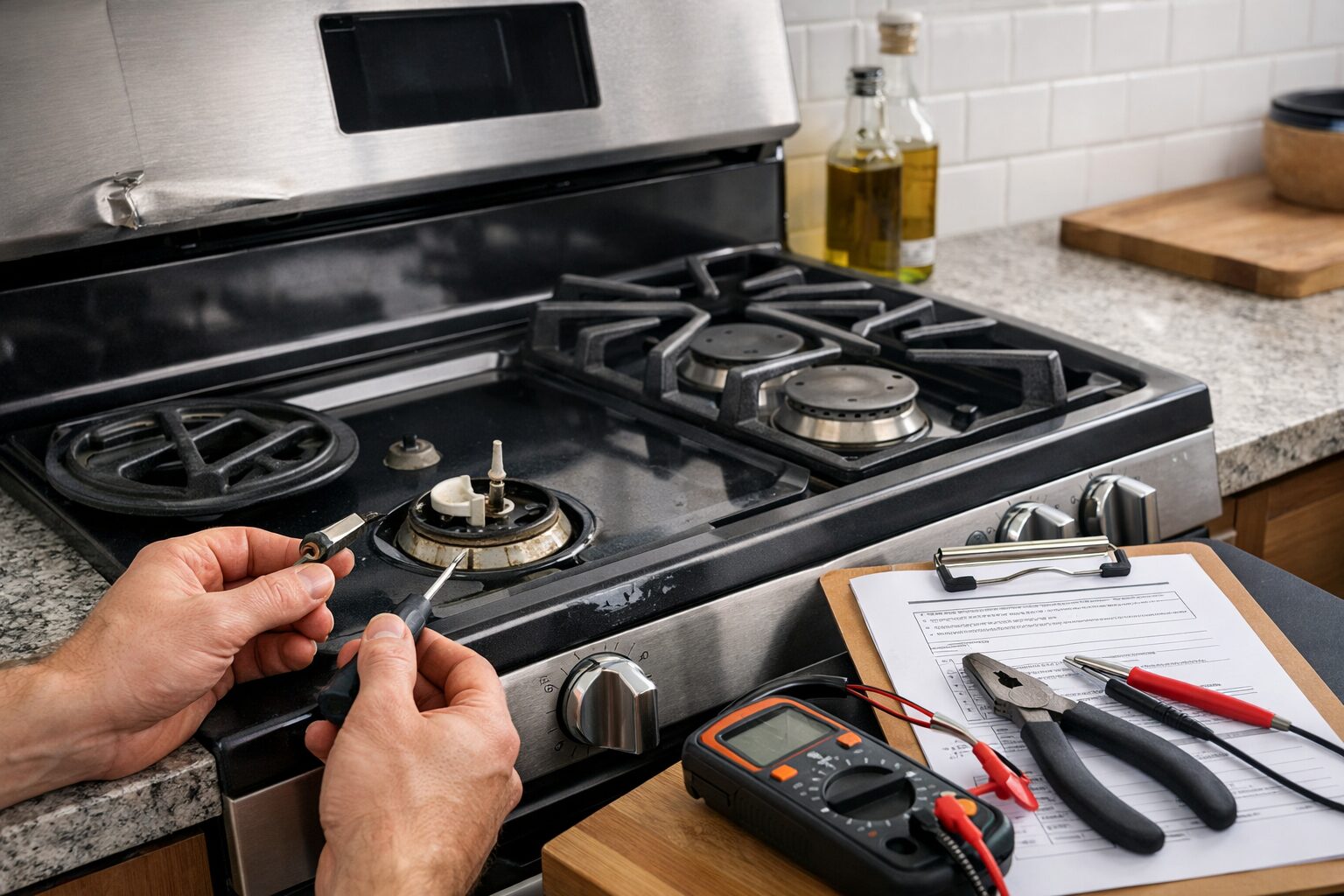 technician inspecting igniter component on a scratch and dent gas range in a modern kitchen setting