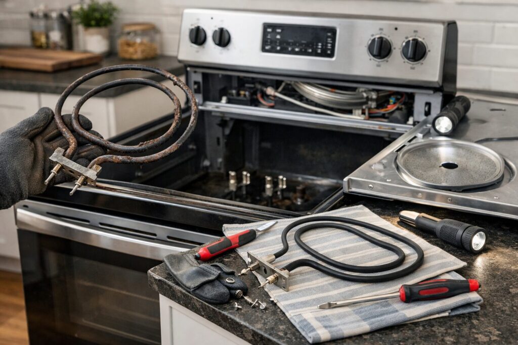 Close-up of a technician replacing a heating element inside an electric range in a modern kitchen setting