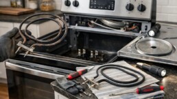 Close-up of a technician replacing a heating element inside an electric range in a modern kitchen setting