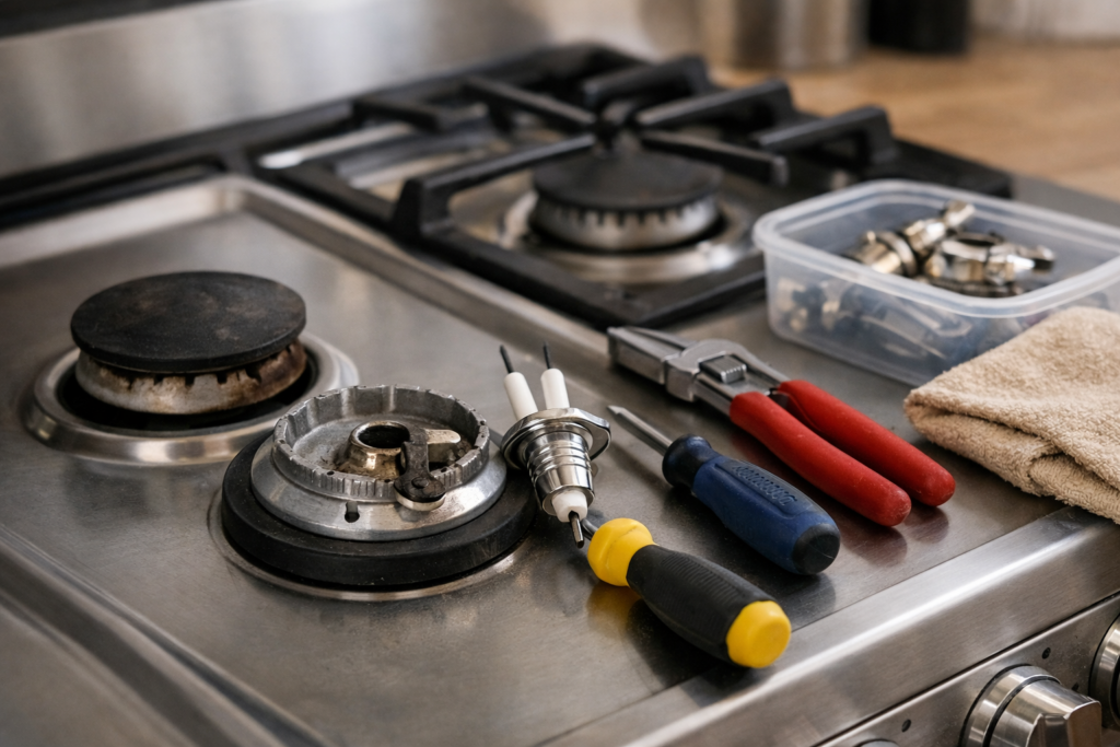 Close-up of a gas range burner and igniter being inspected and repaired in a modern kitchen setting