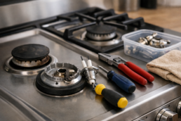 Close-up of a gas range burner and igniter being inspected and repaired in a modern kitchen setting