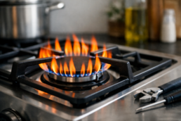 Close-up of a gas range burner with orange flames in a modern kitchen setting indicating possible appliance issue