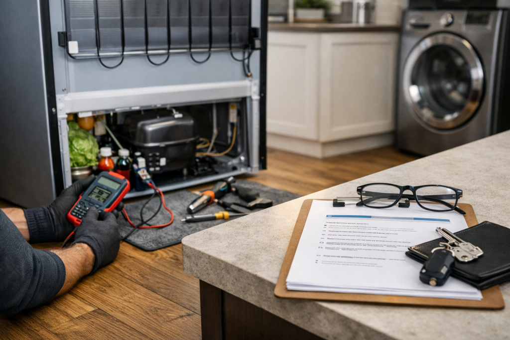 Technician inspecting a modern refrigerator in a bright kitchen with protection plan documents on the counter nearby