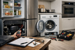 Technician inspecting a modern refrigerator in a well-lit kitchen assessing potential costly appliance repairs