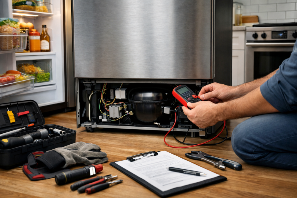 Technician inspecting a modern refrigerator with tools in a bright, clean kitchen repair setting