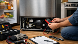 Technician inspecting a modern refrigerator with tools in a bright, clean kitchen repair setting