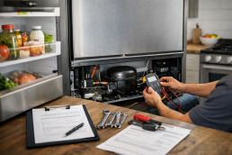Technician inspecting a modern refrigerator in a bright kitchen, focusing on appliance maintenance and repair evaluation