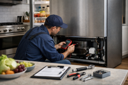 Technician inspecting a modern refrigerator in a clean kitchen preparing for appliance repair cost assessment