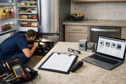 Technician inspecting a modern refrigerator in a bright kitchen, tools on counter, focusing on appliance reliability and