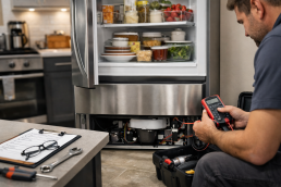 Technician inspecting a modern refrigerator in a bright kitchen, tools on counter, suggesting appliance reliability