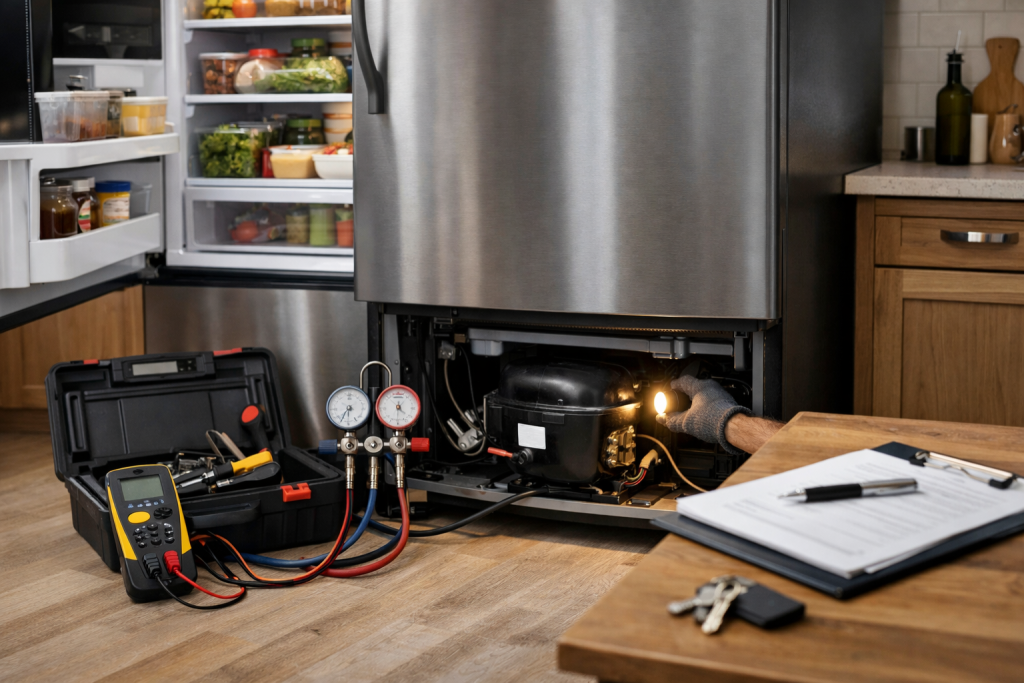 Technician inspecting a modern refrigerator in a bright kitchen preparing for repair assessment