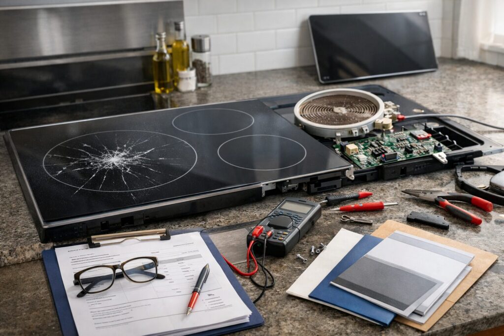 technician inspecting a modern glass cooktop in a bright kitchen preparing for repair assessment