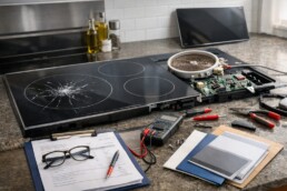 technician inspecting a modern glass cooktop in a bright kitchen preparing for repair assessment