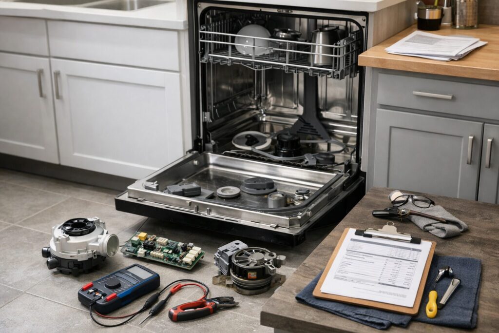 Technician inspecting dishwasher control panel in a modern kitchen during a repair service visit