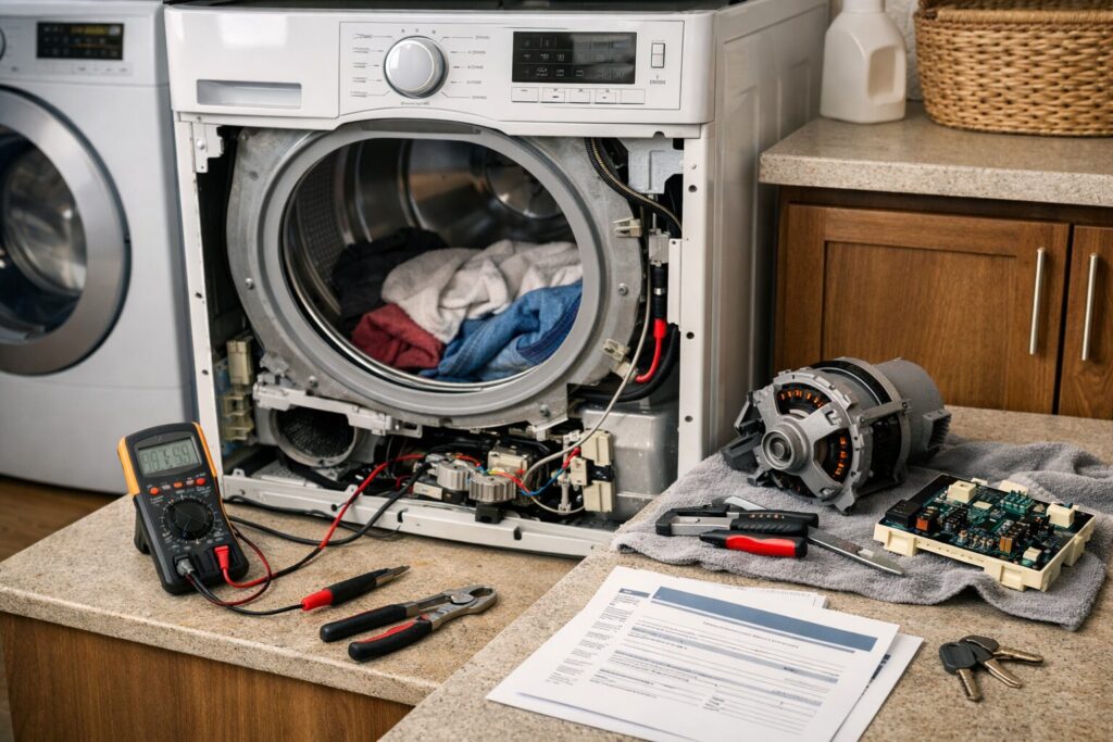 Technician inspecting a modern dryer in a clean laundry room with repair tools nearby and natural lighting