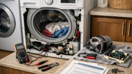 Technician inspecting a modern dryer in a clean laundry room with repair tools nearby and natural lighting
