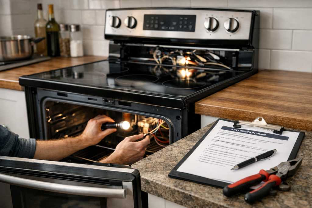 Electric range in modern kitchen with technician inspecting control panel and repair tools nearby on countertop