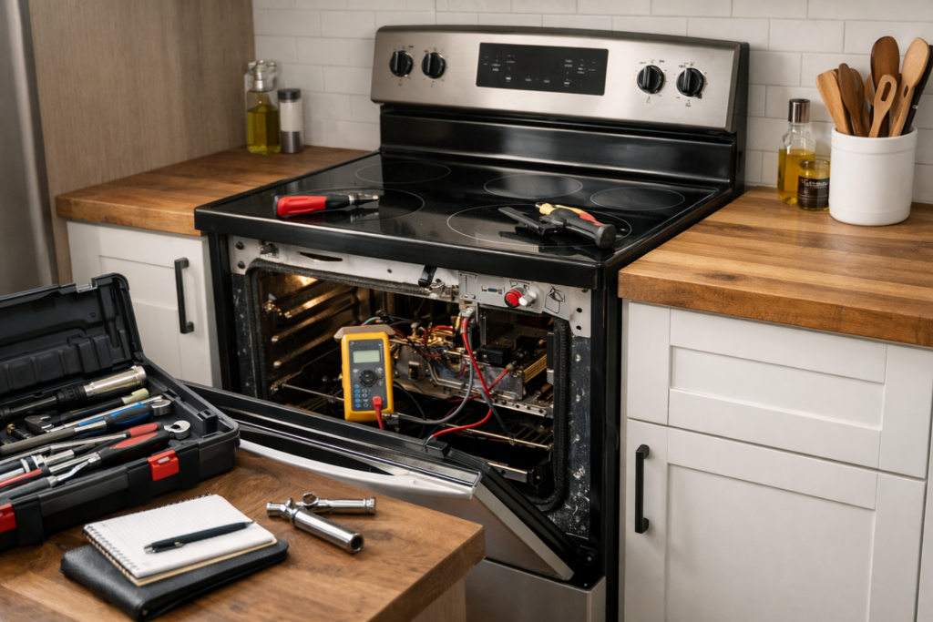 Electric range in a modern kitchen with a technician inspecting the appliance for potential repairs