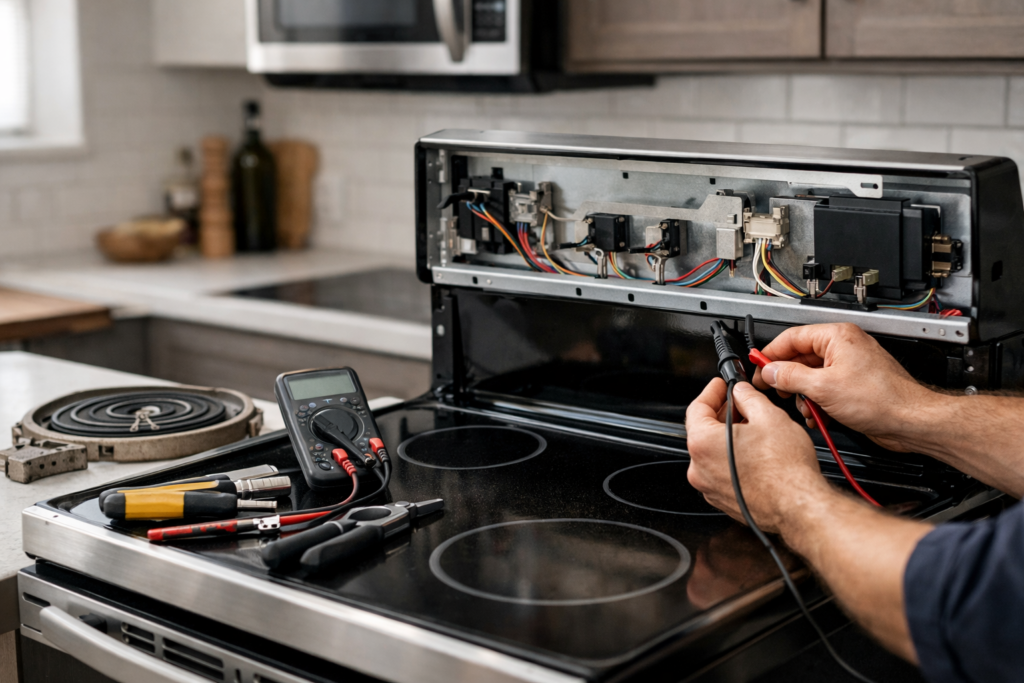 Electric range with open oven door showing internal components and repair tools on kitchen counter in modern home