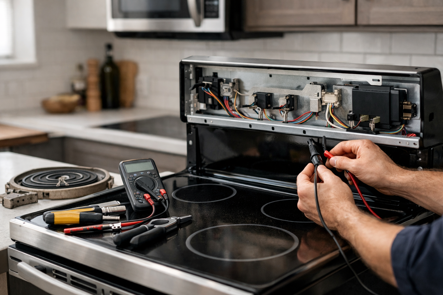 Electric range with open oven door showing internal components and repair tools on kitchen counter in modern home