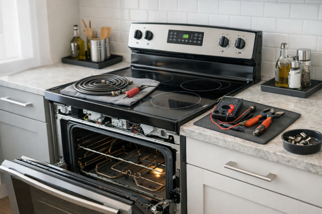 Electric range with technician inspecting control panel in a modern kitchen during maintenance service
