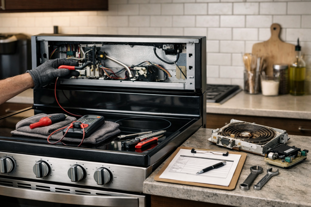 Electric range with open oven door and technician inspecting internal components in a modern kitchen setting