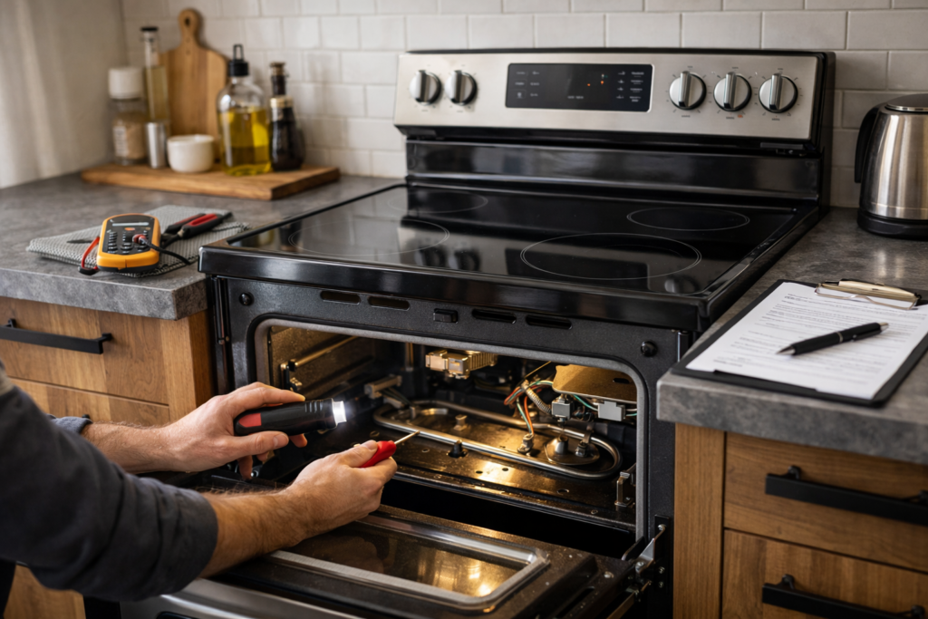 Electric range in a modern kitchen with a technician inspecting the appliance for repair and reliability assessment
