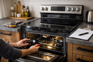 Electric range in a modern kitchen with a technician inspecting the appliance for repair and reliability assessment