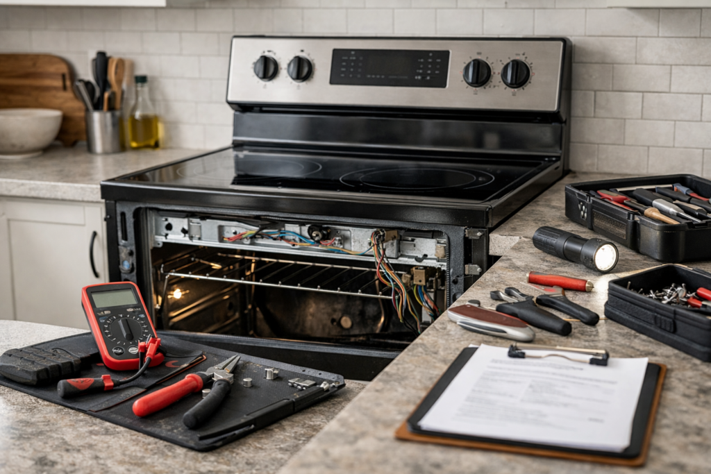 Electric range in a modern kitchen with a technician inspecting the appliance for long-term reliability and repair issues