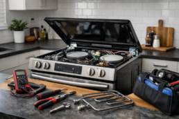 Electric range with open oven door and visible control panel in a modern kitchen setting suggesting repair evaluation