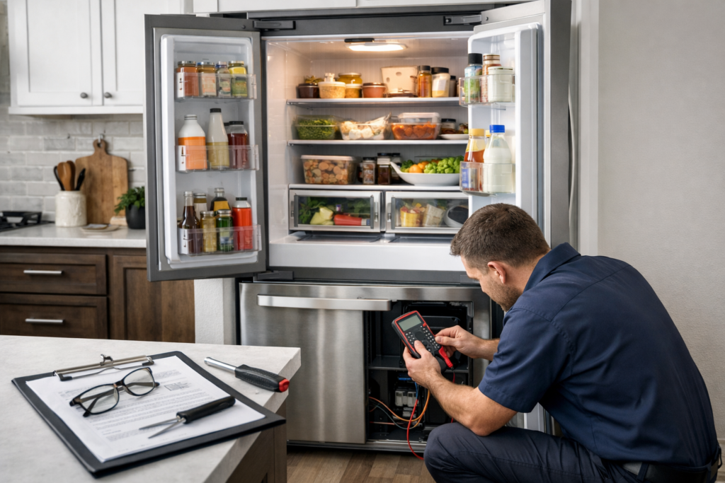 Technician inspecting a French door refrigerator in a modern kitchen with repair tools nearby and protection plan paperwork