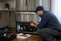 technician inspecting open French door refrigerator in modern kitchen evaluating potential repair risks