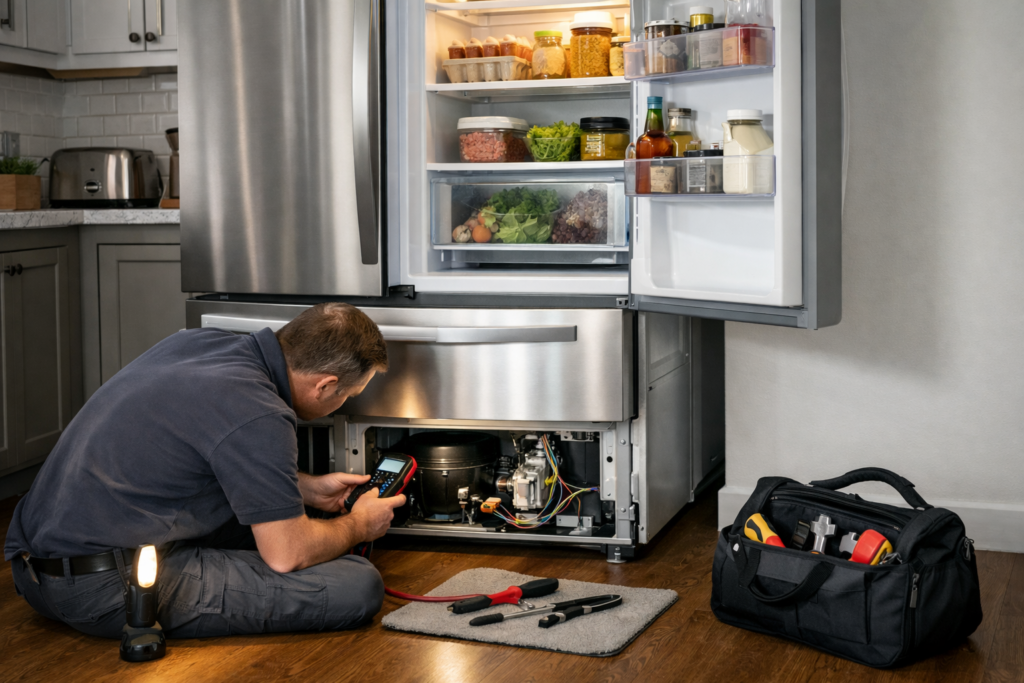Technician inspecting open French door refrigerator in modern kitchen during repair diagnosis